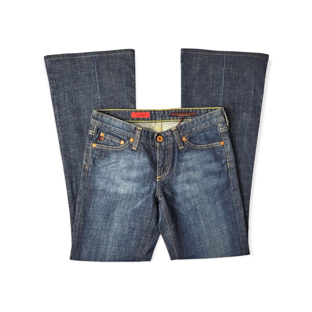 AG Adriano Goldschmied The Club Dark Wash Mid Rise Metallic Rose Flare Jeans 25R